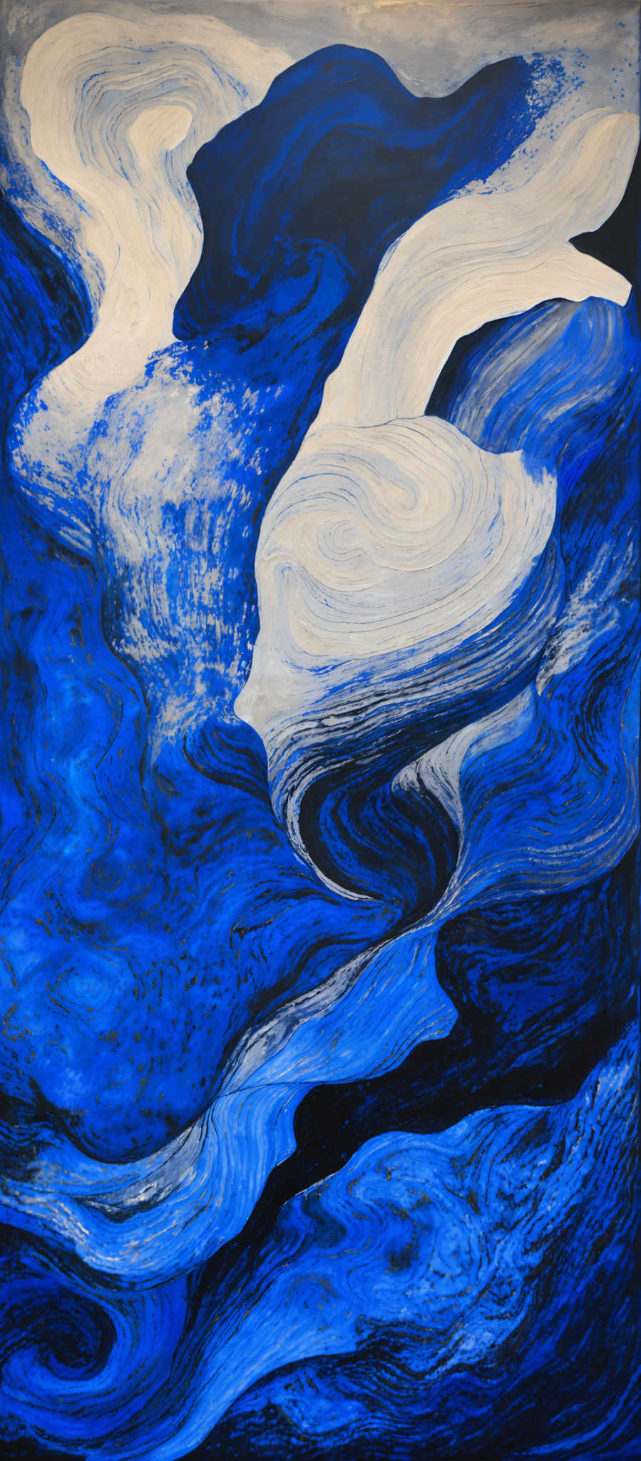 The image showcases an abstract artwork with predominant shades of blue and white. The artwork features swirling patterns and shapes that resemble fluid movement, possibly representing water or air currents. The blue shades vary from deep navy to lighter sky blue, creating a sense of depth and dimension. The white areas, on the other hand, provide a stark contrast, highlighting the fluidity and movement of the blue patterns.