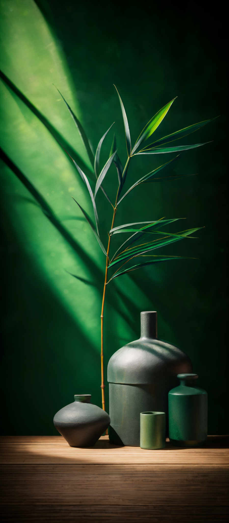 The image showcases a serene setting with a backdrop of a deep green wall. The light casts a soft shadow, creating a contrast with the wall. In the foreground, there's a slender plant with elongated green leaves. Positioned next to the plant are three dark-colored, possibly ceramic or stoneware, vessels. The vessels vary in shape and size, with one being tall and slender, another being round, and the third being shorter and broader. The entire composition exudes a sense of tranquility and elegance.