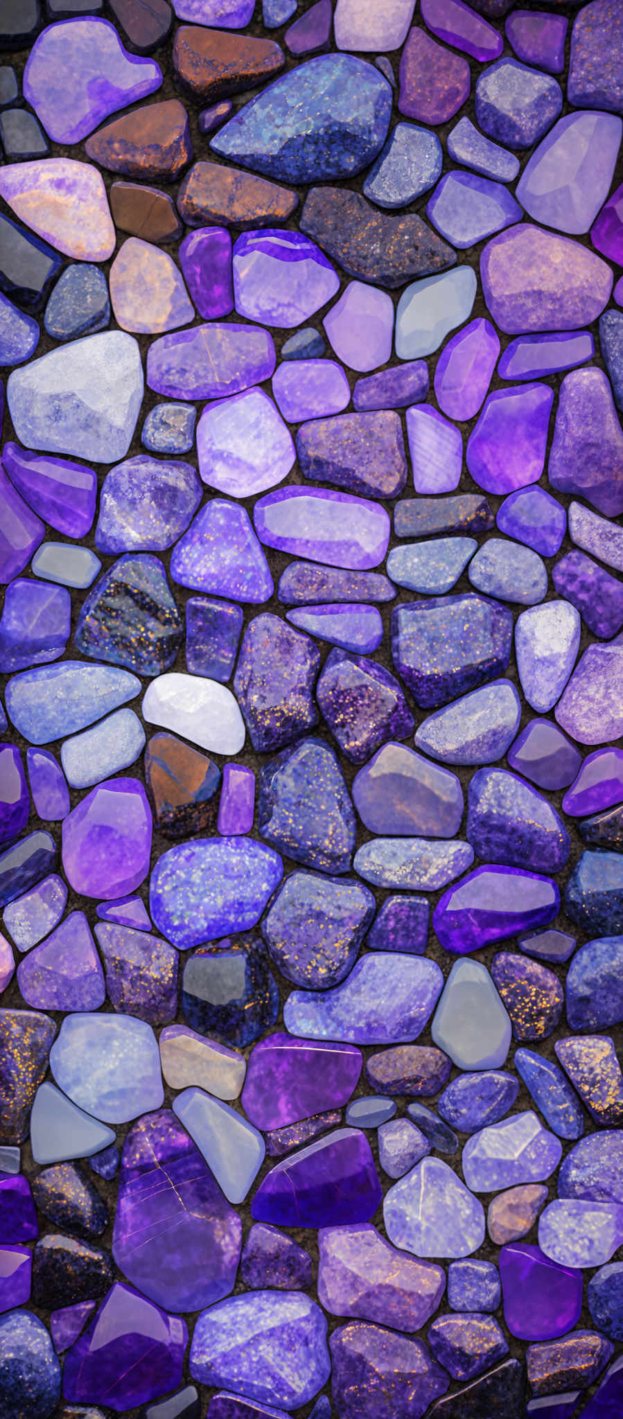 The image showcases a collection of rounded stones of varying sizes and colors. The stones are predominantly in shades of blue, purple, and a bit of brown. They are arranged in a mosaic pattern, creating a visually appealing and harmonious design.