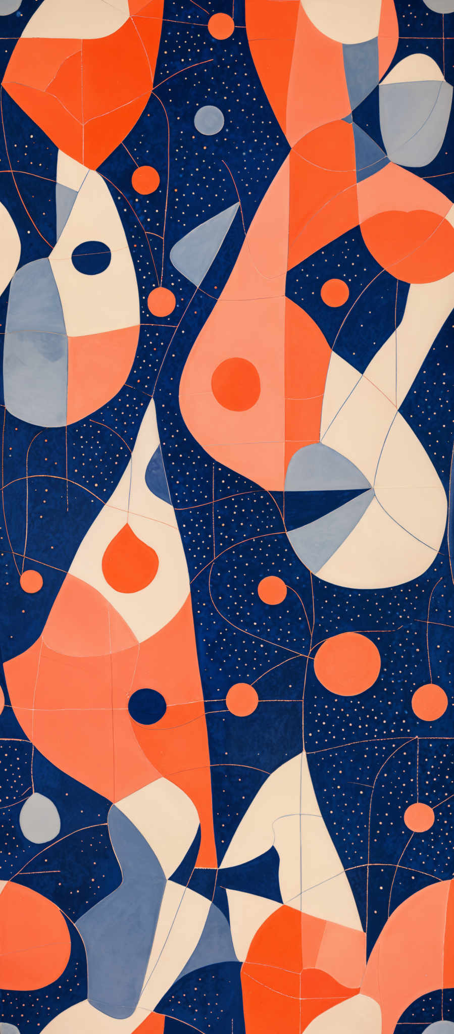 The image showcases an abstract artwork with a predominant use of blue, orange, and white colors. The shapes are predominantly curvy and organic, resembling amorphous forms or perhaps even stylized representations of celestial bodies. The blue forms a deep background, while the orange and white shapes are overlaid on it, creating a sense of depth and dimension. The white shapes have dots, possibly representing stars or other celestIAL elements, adding to the cosmic theme of the artwork.