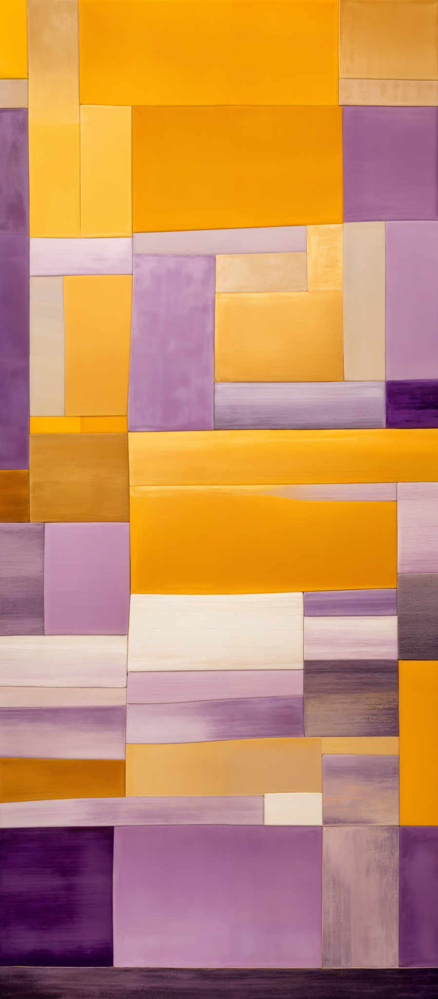 The image showcases an abstract composition of rectangular and square blocks in varying shades of yellow, purple, and beige. The blocks are arranged in a seemingly random manner, creating a patchwork effect. The color palette is warm, with the dominant hues being shades ranging from light beige to deep purple. The texture of the image appears smooth, suggesting it might be a painting or digital artwork.