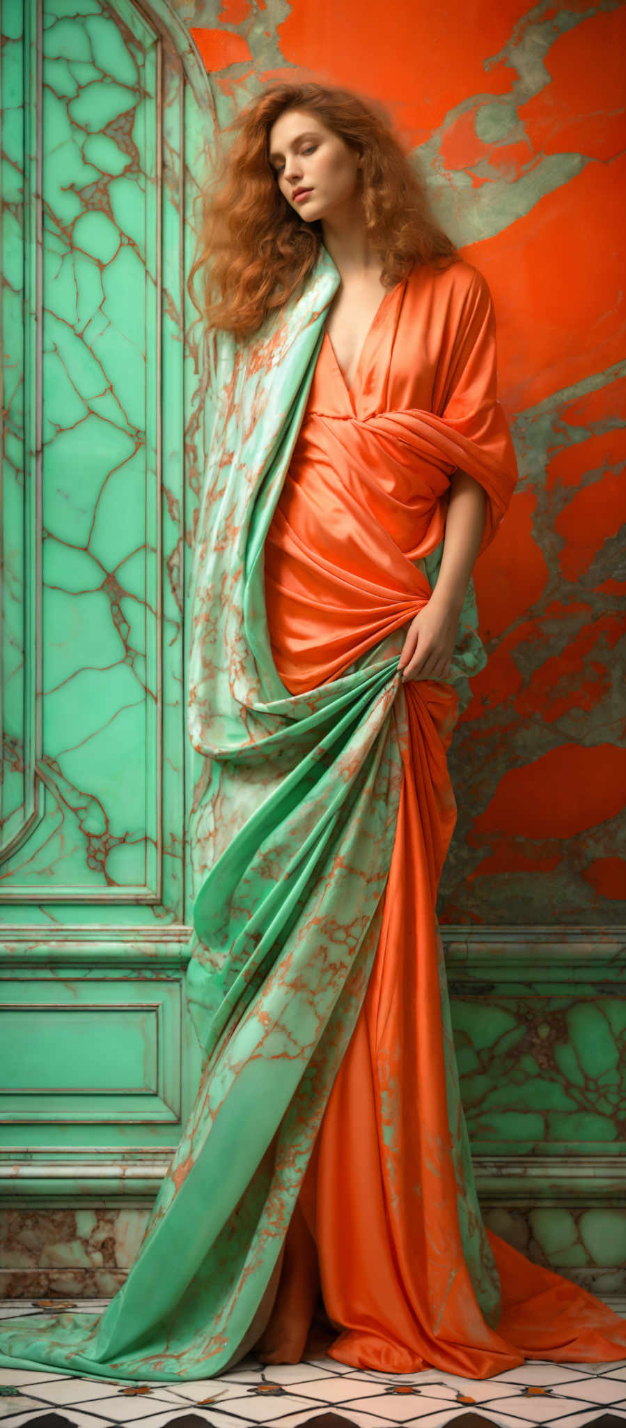 The image showcases a woman with long, wavy hair. She is draped in a vibrant orange dress with a matching turquoise and gold marbled cloth draping over her shoulder. The background features a striking contrast of a turquois wall with intricate marble patterns and an orange wall with a similar marble design. The floor is adorned with a black and white geometric pattern.