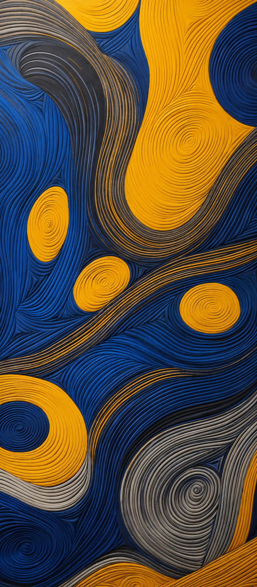 The image showcases a vibrant and intricate pattern of swirling lines and shapes. The dominant colors are shades of blue, yellow, and gray. The blue forms the background, while the yellow and gray are used to create a series of swirls and patterns. The swirls are intricate, with some resembling topographical maps, while others have a more abstract and artistic feel. The overall impression is one of fluidity and movement, reminiscent of water or air currents.