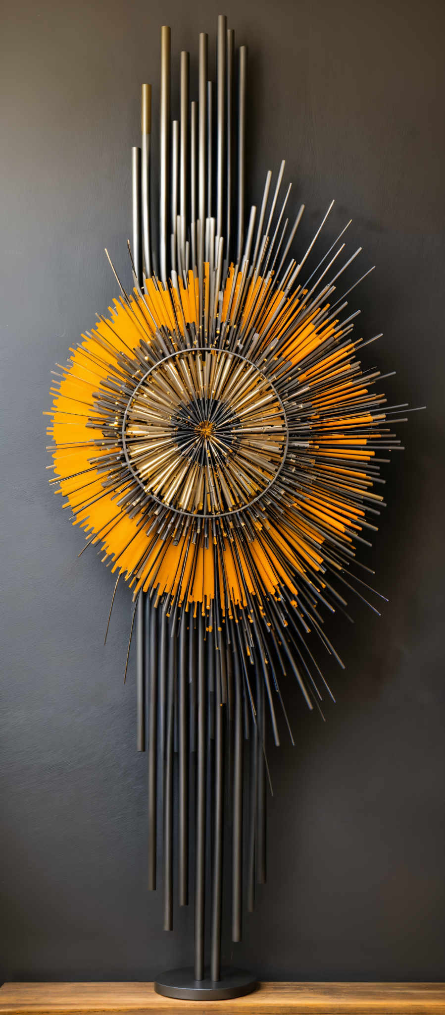 The image showcases a wall-mounted art piece. The art piece is primarily black and yellow, with elongated black tubes protruding from a central circular yellow structure. The yellow structure has a radial pattern, and the tubes vary in length, creating an intricate and dynamic design. The piece is mounted on a dark gray wall, and below it, there's a wooden surface with a visible texture.