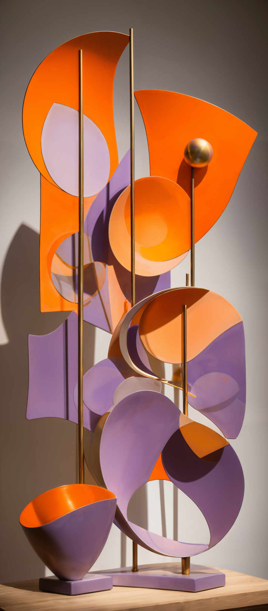 The image showcases a modern artistic sculpture composed of interconnected geometric shapes. The dominant colors are shades of orange, purple, and gold. The shapes are abstract, with curves and overlapping forms, and they are held together by slender gold rods. The sculpture is placed on a wooden surface, and its shadow is cast on the adjacent wall, emphasizing its three-dimensionality.