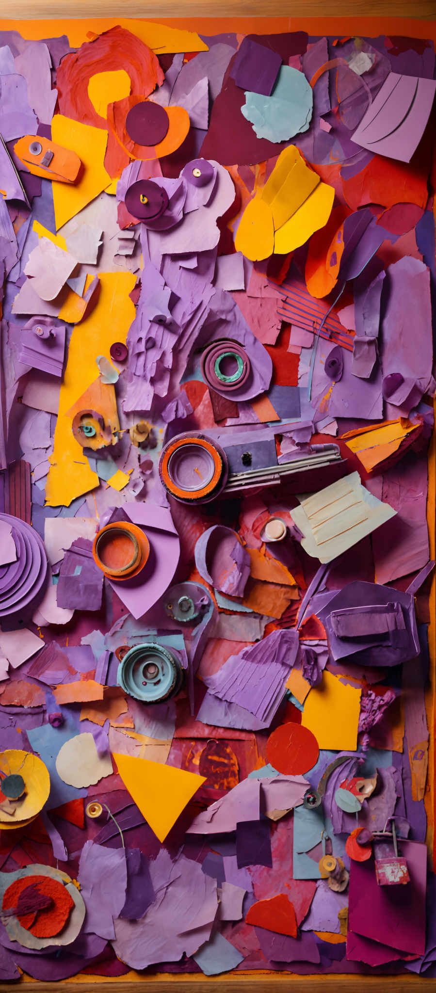 The image showcases a vibrant and colorful collage of various shapes and materials. Dominant colors include shades of purple, orange, yellow, and blue. The collage consists of overlapping pieces of paper, cardboard, and other materials. There are circular shapes, triangles, rectangles, and even some objects that resemble buttons or small tools. The overall composition gives an impression of a chaotic yet harmonious assembly of artistic elements.