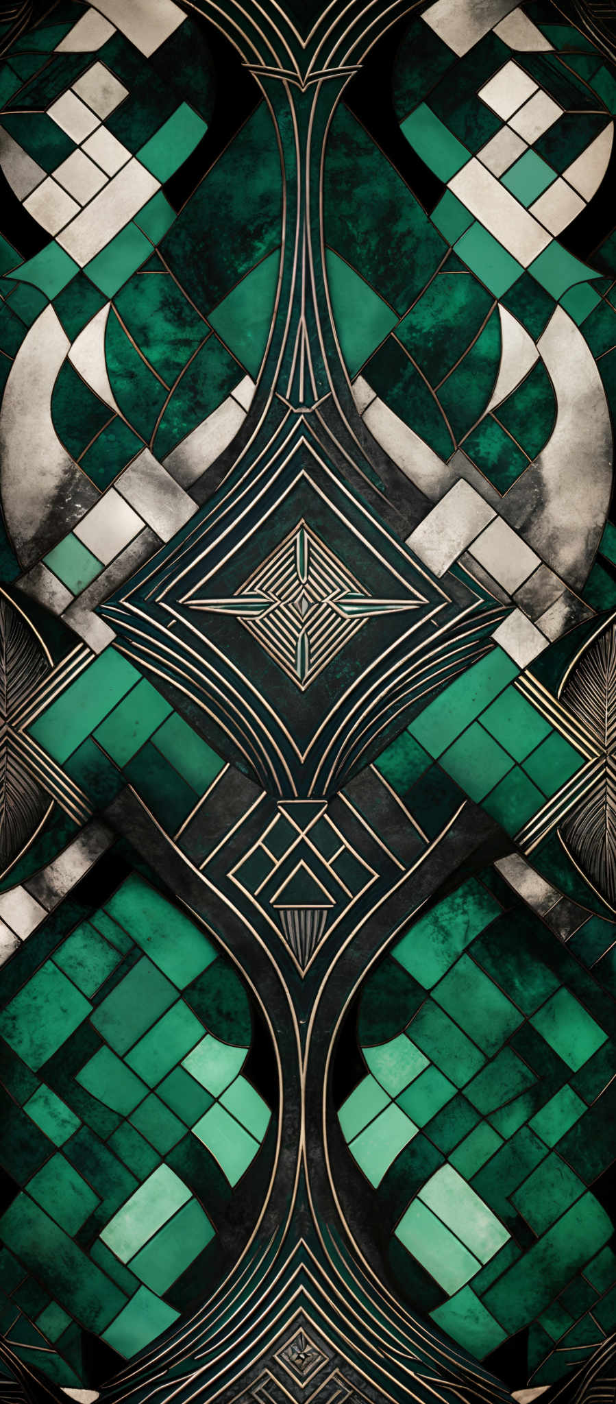 The image showcases a symmetrical design with a combination of geometric shapes and intricate patterns. The dominant colors are shades of green, black, and gold. The design features a central symmetrical motif with a tree-like structure, surrounded by a series of interconnected diamond shapes. The background has a mosaic-like appearance with varying shades and patterns, giving it a rich, textured look.