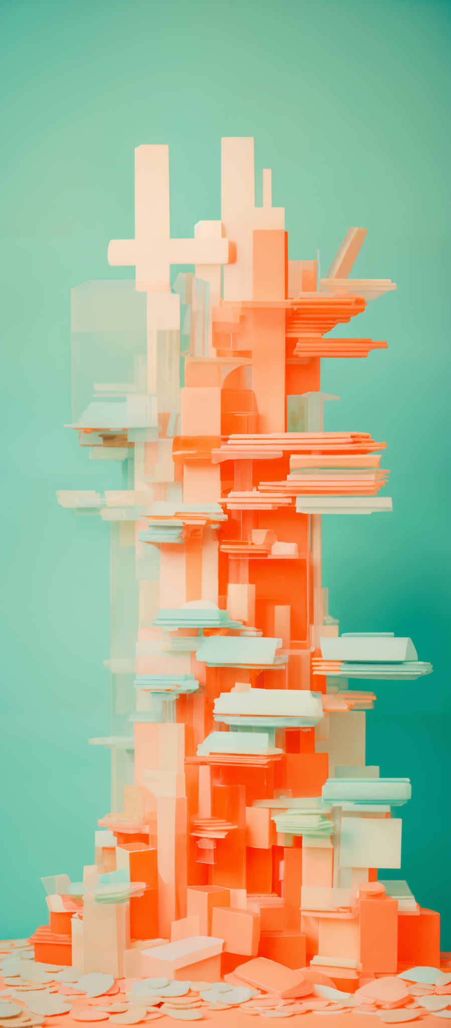 The image showcases an abstract structure composed of various geometric shapes. The predominant colors are shades of orange, peach, and light blue. The structure consists of layered rectangular and square blocks, some of which are transparent, creating an illusion of depth and three-dimensionality. The blocks are arranged in a somewhat chaotic yet structured manner, giving the impression of a dynamic, ever-evolving cityscape or architectural design.