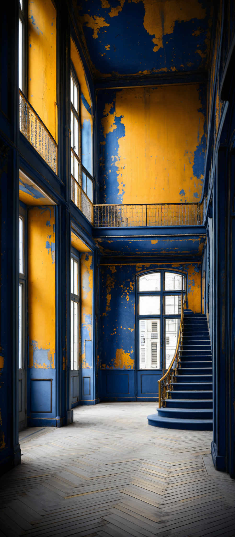 The image showcases a grand architectural space with a combination of vibrant and muted colors. The dominant colors are deep blue and golden-yellow. The space features tall windows with a curved design, allowing ample natural light to flood in. The walls are adorned with intricate patterns and designs, and there's a spiral staircase with a golden railing on the right. The floor has a herringbone pattern, and the ceiling displays a unique design with patches of the blue paint peeling off, revealing the underlying structure.