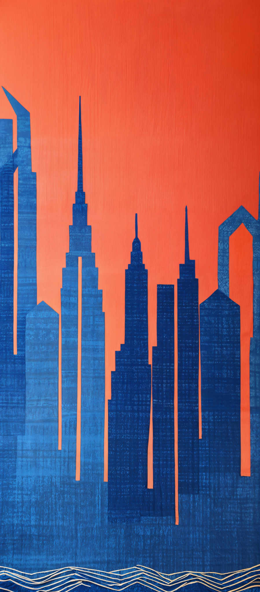 The image showcases a vibrant skyline of tall buildings against a bright orange background. The buildings are depicted in varying shades of blue, with some having textured patterns. The skyline is composed of unique architectural designs, with one building having a pointed spire and another resembling a stylized arch. The bottom of the image features a wavy blue pattern, possibly representing water or a river.