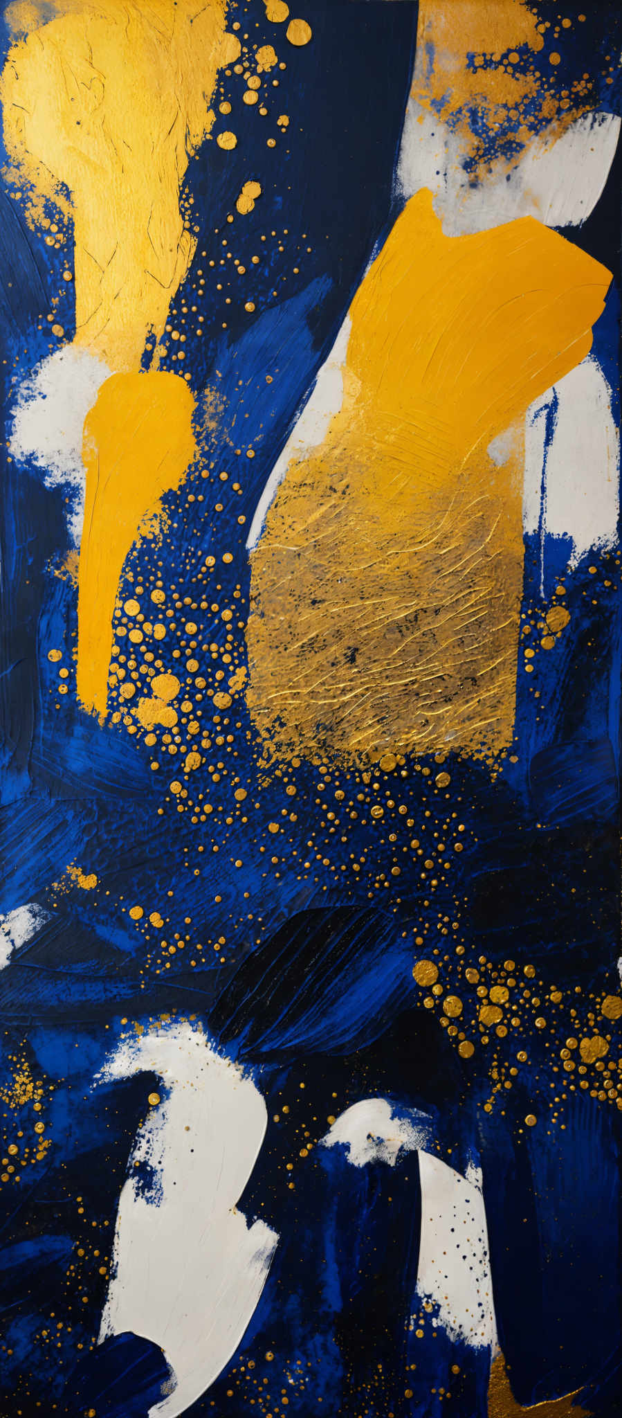 The image showcases an abstract painting with a predominant use of deep blue and vibrant yellow colors. The blue forms the background, with patches of white and gold interspersed. The yellow forms large, bold strokes, and there are also smaller gold speckles scattered throughout the painting. The shapes are abstract, with no clear representation of objects, but they evoke a sense of movement and depth.