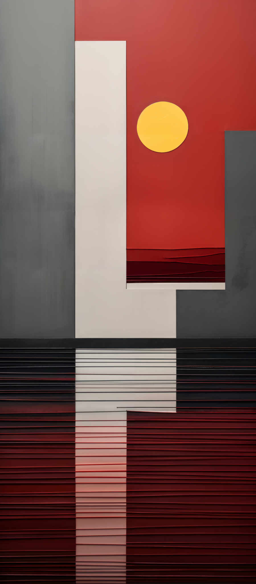 The image showcases a modern abstract artwork. It predominantly features bold and contrasting colors. The primary colors are red, white, and gray. The artwork consists of geometric shapes, including rectangles and a circle. The red rectangle occupies the top-left corner, while a white rectangle is positioned to its right. Adjacent to the white rectangle, there's a red rectangle with a white circle in its center. The bottom section of the image has horizontal stripes in varying shades of red, with a darker stripe at the very bottom.