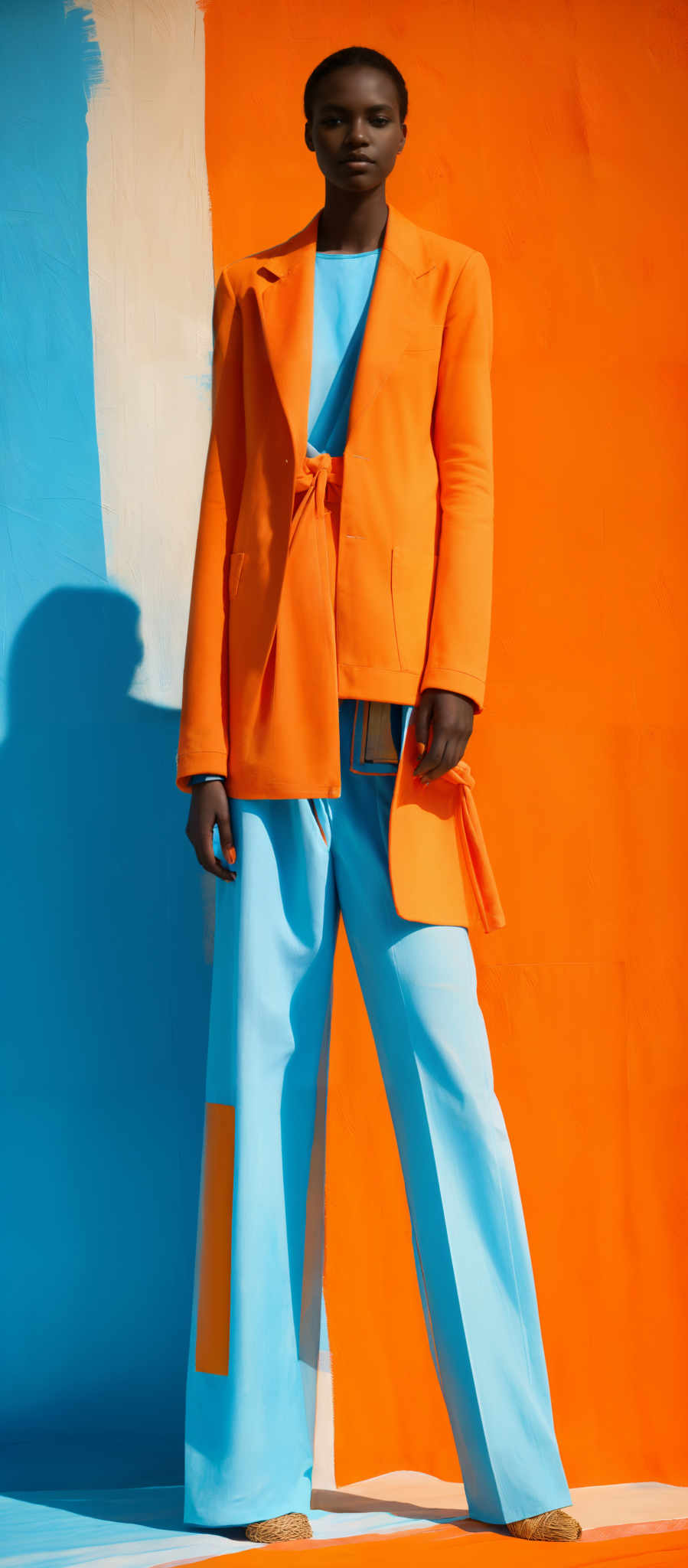 The image showcases a person standing against a vibrant backdrop of blue and orange. The person is wearing a bright orange blazer, a light blue shirt, and light blue trousers. The trouser has an orange rectangular patch on it. The individual is also wearing brown shoes with a unique design. The background is divided into two distinct colors, blue on the left and orange on the right, with a shadow of the person cast on the blue side.