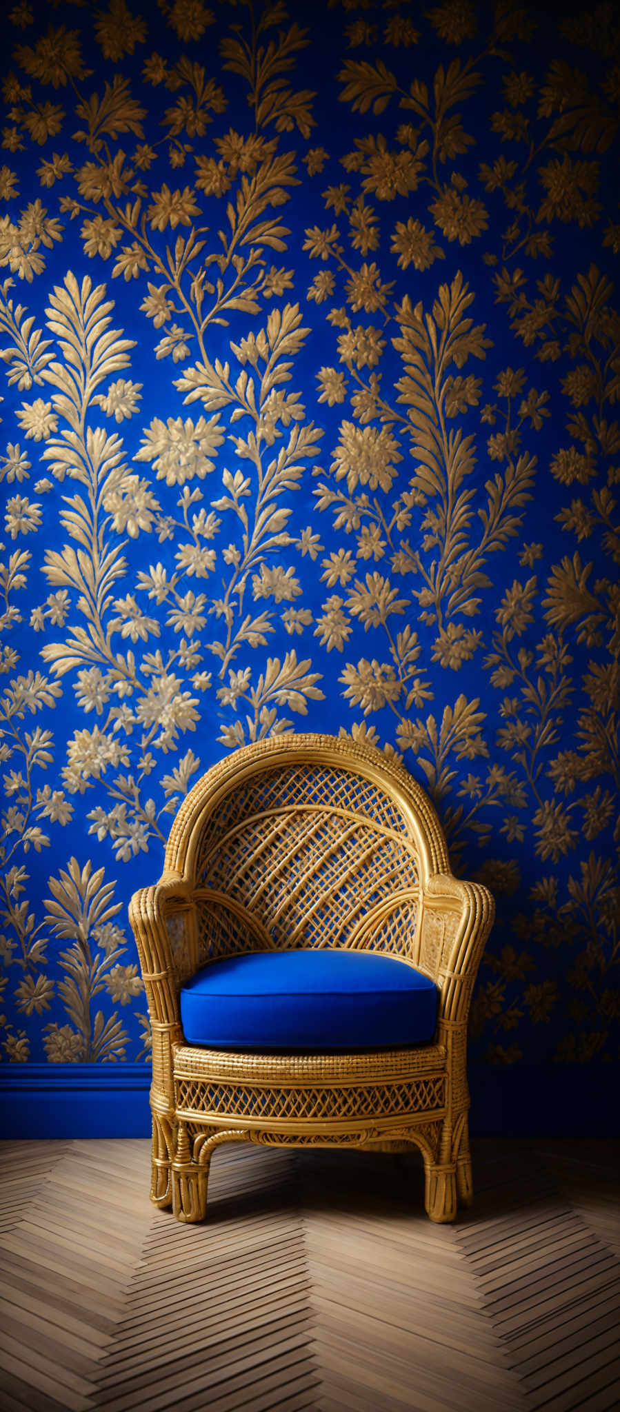 The image showcases a vibrant blue wallpaper adorned with intricate golden floral patterns. In the foreground, there's a wicker chair with a cushioned blue seat. The chair has a unique design with a crisscross pattern on its back and sides. The floor is made of wooden planks arranged in a diagonal pattern.