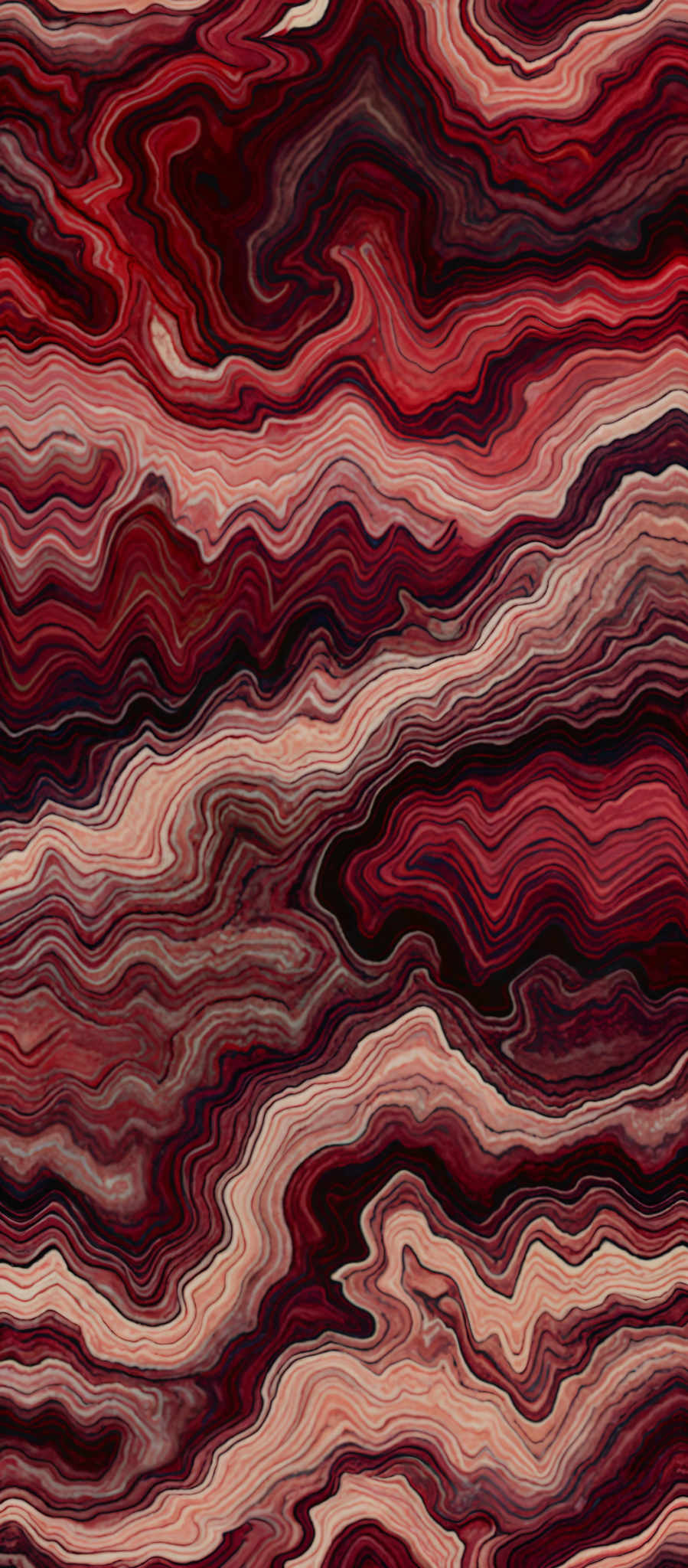 The image showcases a swirling pattern of colors, predominantly shades of red, brown, and beige. The shapes are reminiscent of waves or fluid movements, with undulating lines and curves that flow seamlessly into one another. The overall effect gives the impression of a marbled or wavy texture, possibly resembling a topographical map or a representation of sedimentary rock layers.