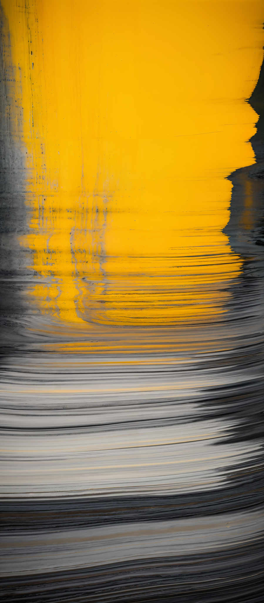 The image showcases a vibrant and abstract representation of colors. Dominantly, there's a bright yellow hue that seems to be the focal point, with streaks of black and white interspersed throughout. The black and gray streaks appear to be more fluid and wavy, contrasting with the sharp, straight lines of the yellow. The overall composition gives a sense of motion and fluidity, as if the yellow is flowing or being disturbed by the other colors.