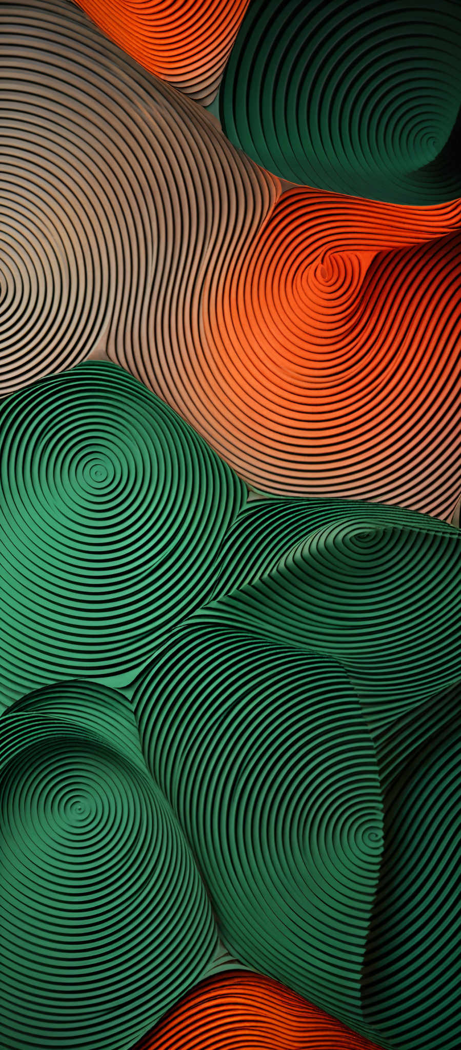 The image showcases a series of intertwined concentric circles in varying colors. The colors range from deep green to vibrant orange. The patterns are intricate, with each circle having multiple layers, creating a 3D effect. The design gives a sense of depth and movement, as if the circles are swirling and overlapping one another.