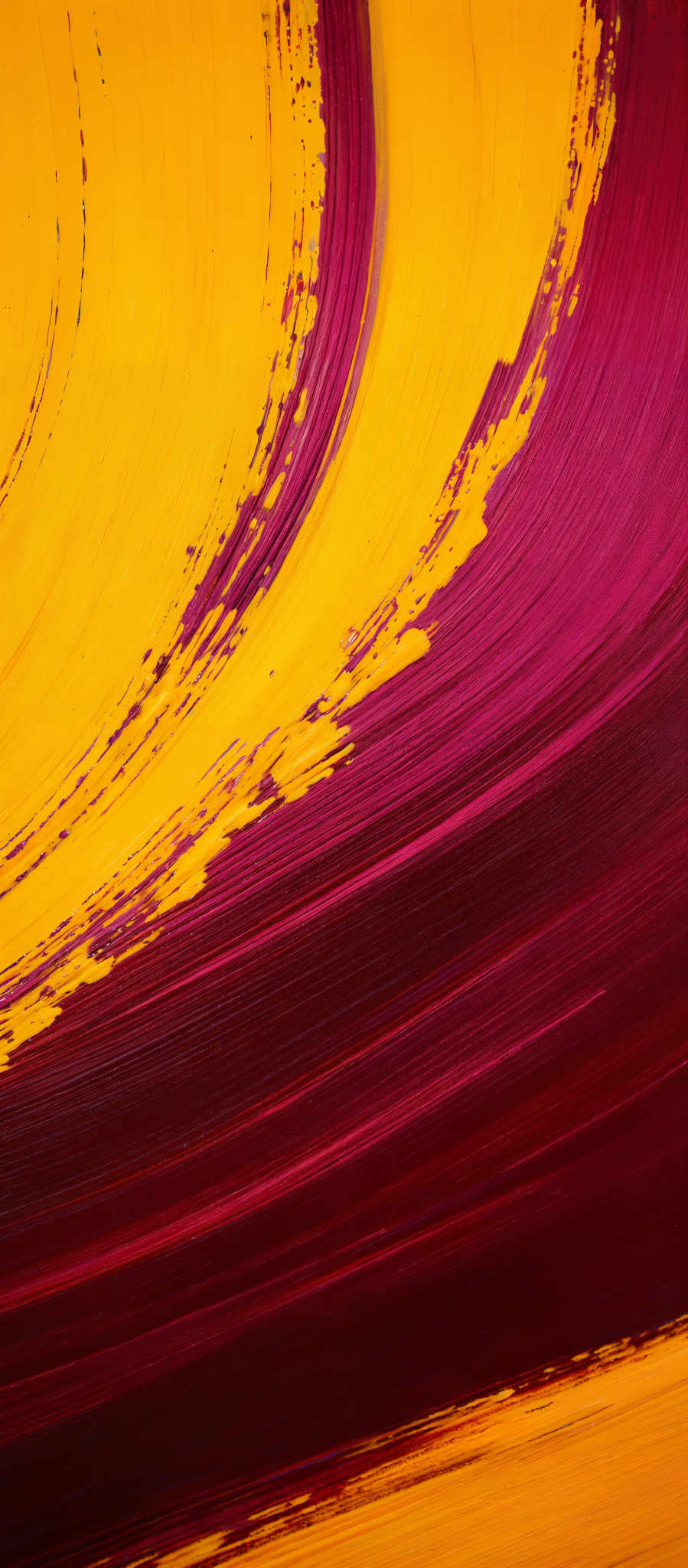 The image showcases a vibrant and dynamic painting. It predominantly features two main colors: a bright yellow and a deep purple. The yellow forms a curved, wavy pattern that starts from the top left corner and gracefully curves downwards, while the purple forms a contrasting, semi-circular shape adjacent to the yellow. The interplay of these two colors creates a visually striking interruption, with the yellow's brightness juxtaposed against the deep, rich hue of the purples. The brush strokes are bold and expressive, giving the painting a sense of movement and energy.