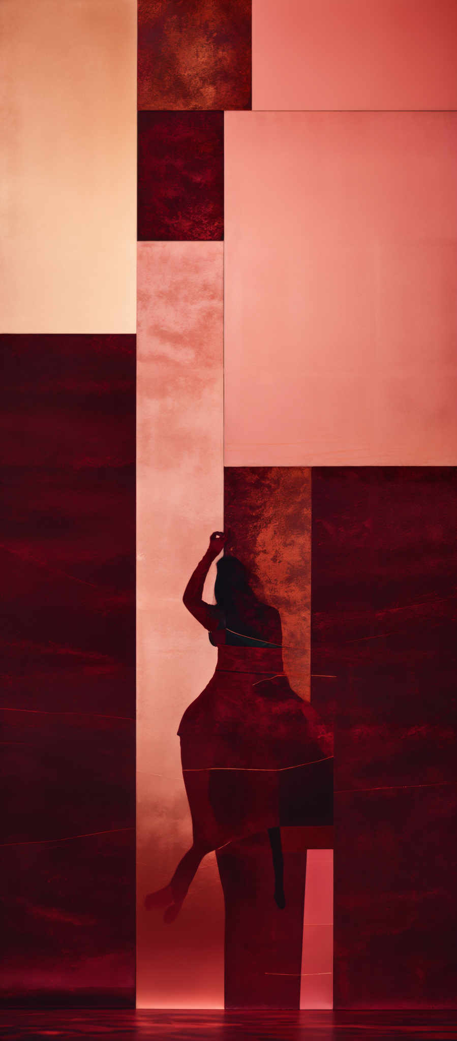 The image showcases a series of rectangular and square panels in varying shades of red, beige, and brown. The panels are of different sizes and are arranged in a somewhat abstract manner. On the right side of the image, there's a silhouette of a person, possibly a dancer, in a dynamic pose, with one hand raised and the other touching their head. The person appears to be wearing a flowing dress or costume. The overall mood of the picture is evocative, with the colors and the figure creating a sense of movement and emotion.