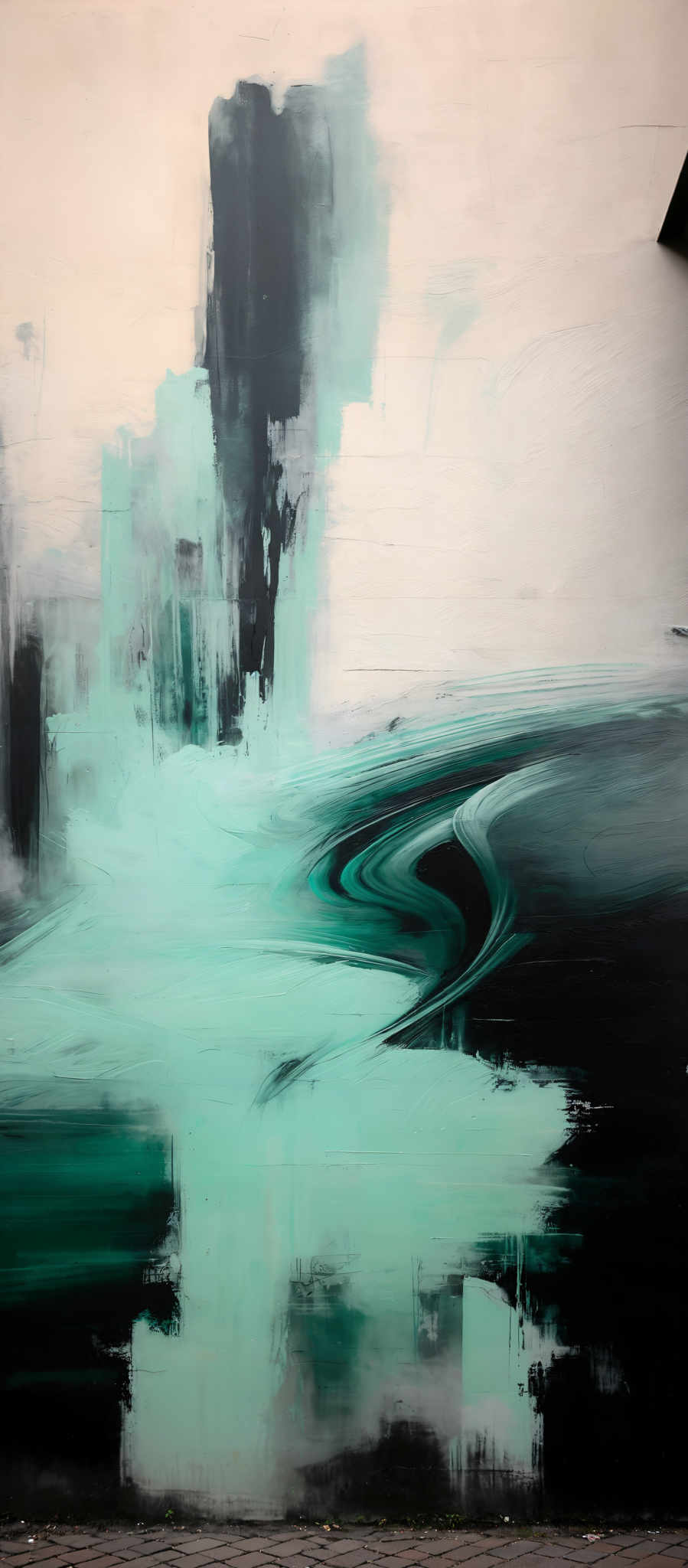 The image showcases an abstract painting with a predominant use of cool colors like blues and greens. The painting features a mix of broad strokes and more defined shapes, such as a tall, dark vertical structure that resembles a tower or a cliff. There's also a swirling pattern in the lower part of the painting, which could represent water or a flowing element. The background has a gradient of light to dark, possibly suggesting a sky or a distant landscape.