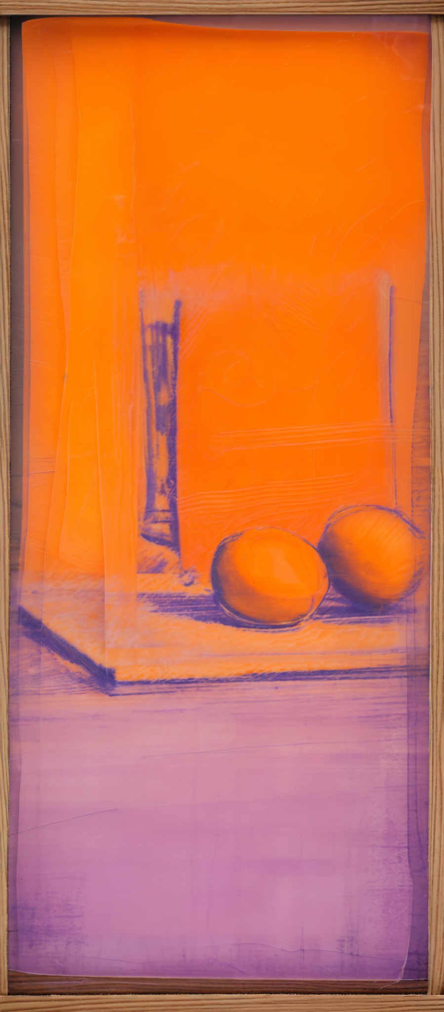 The image showcases a vibrant yellow background with a rectangular, translucent blue object placed on a flat surface. On the surface, there are two oval-shaped objects, possibly representing eggs or fruits. The entire image is framed with a wooden border.