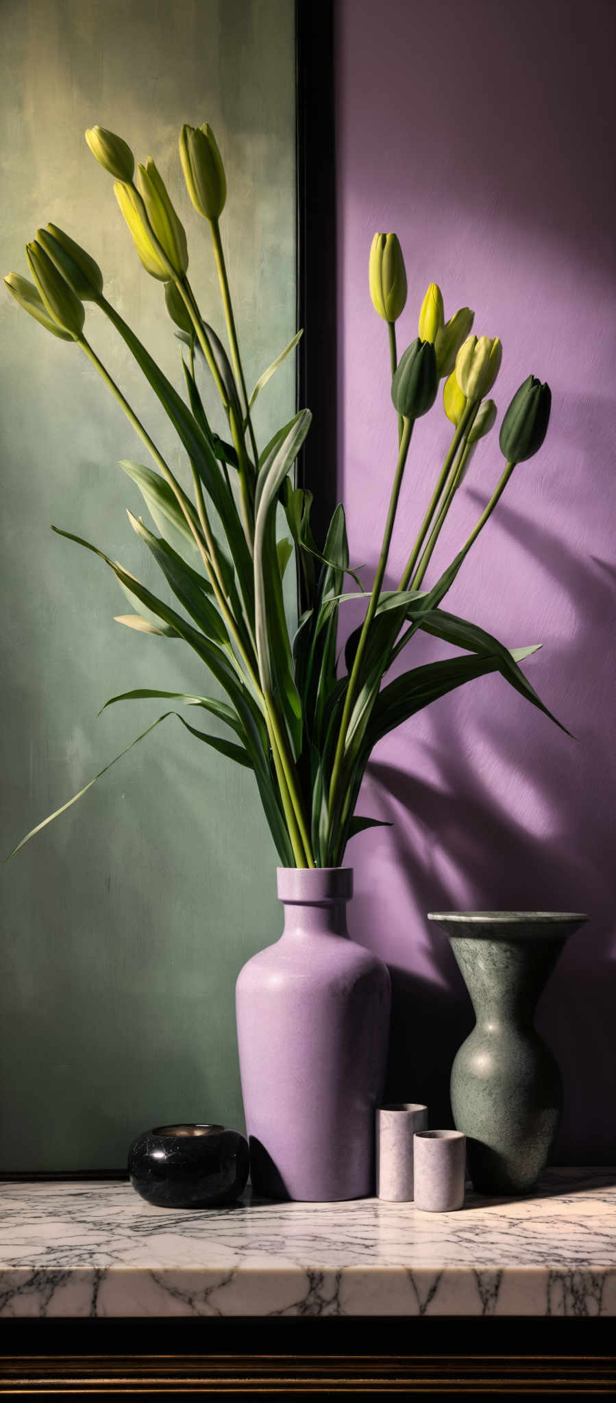 The image showcases a vase with long, slender stems and tulips in varying stages of bloom. The tulip buds are a vibrant yellow, while some are fully bloomed, displaying a soft green hue. The vase itself is a muted lavender color. To the right of the vase, there's a smaller, darker vase and a black, round object. The background consists of two contrasting colors: a mossy green on the left and a deep purple on the right. The scene is set against a marbled surface, and the lighting casts a soft shadow on the wall, emphasizing the tulils and the vases.