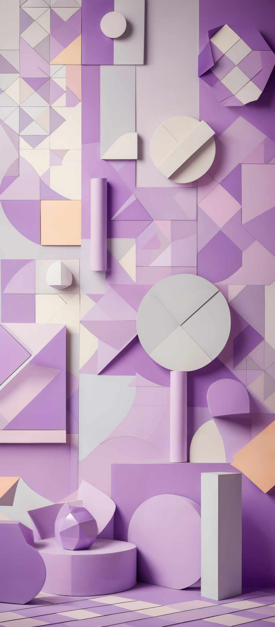 The image showcases an abstract arrangement of geometric and semi-geometric shapes in various shades of purple, white, and beige. The shapes include rectangles, squares, circles, and triangles. The arrangement gives an impression of a 3D space, with some shapes overlapping others, creating a layered effect. The color palette is dominated by shades and tints of purples, complemented by neutral tones like white and beiges.