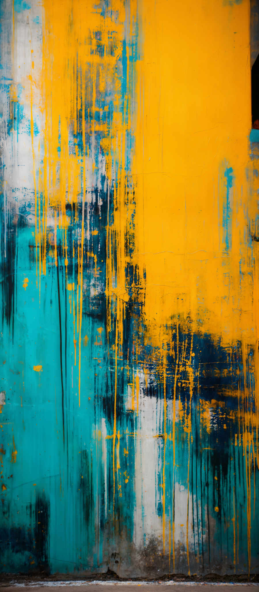 The image showcases an abstract painting with a rich palette of colors. Dominant colors include vibrant shades of yellow, turquoise, and hints of white and black. The painting features vertical and horizontal strokes, with the yellow forming the backdrop and the turquois and black creating a contrasting pattern. There are also some areas where the paint appears to be dripping or splattered, adding to the dynamic and textured feel of the artwork.