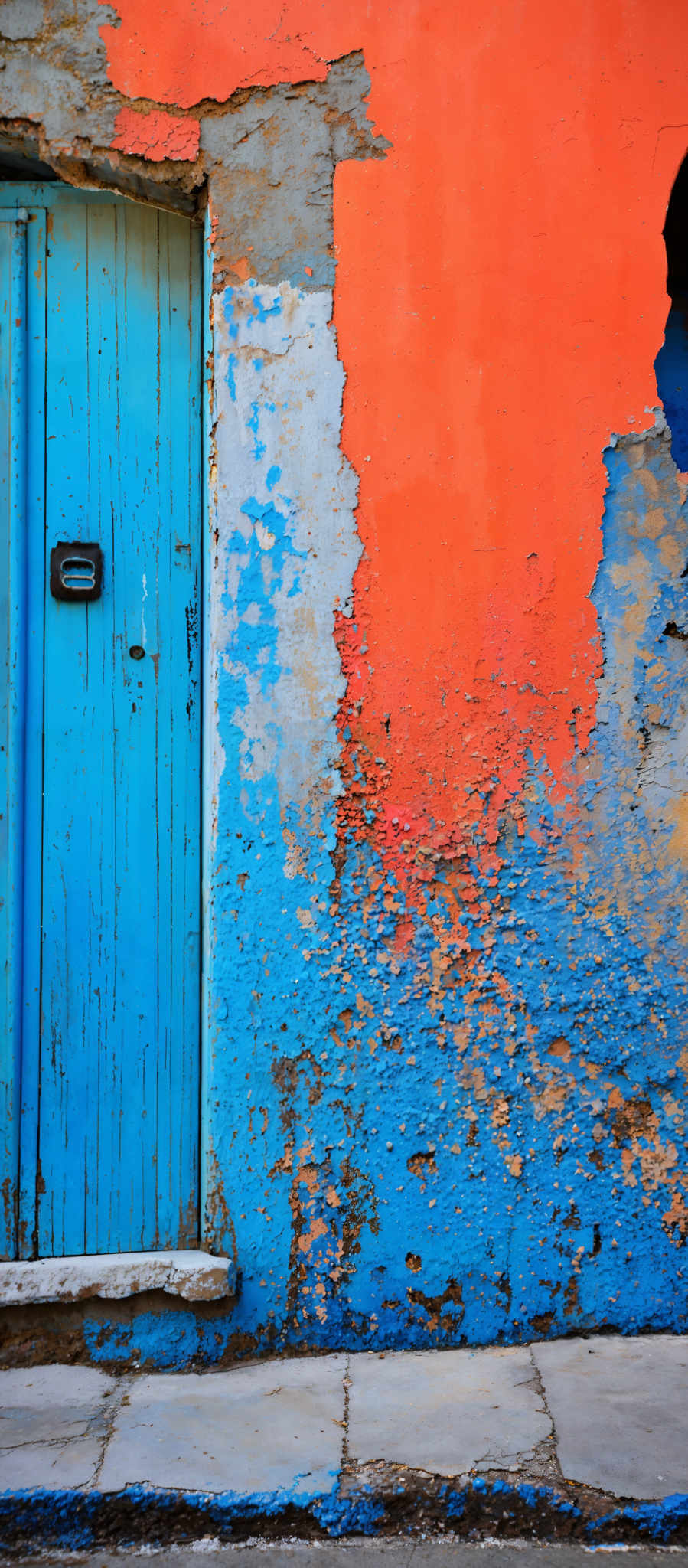 The image showcases a vibrant and textured wall with a mix of colors. The dominant colors are orange and blue. The orange wall has patches where the paint has chipped off, revealing the underlying surface. Adjacent to the orange wall is a blue door with a weathered appearance, also showing signs of wear and tear. The ground appears to be made of stone or concrete tiles.