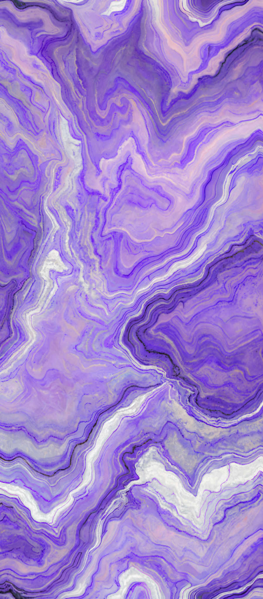 The image showcases a vibrant and intricate marbled pattern. The dominant colors are shades of purple, white, and a touch of green. The marbling pattern consists of swirling and intertwining waves, creating a fluid and dynamic look. The shapes are organic and wavy, reminiscent of flowing water or waves in the ocean.