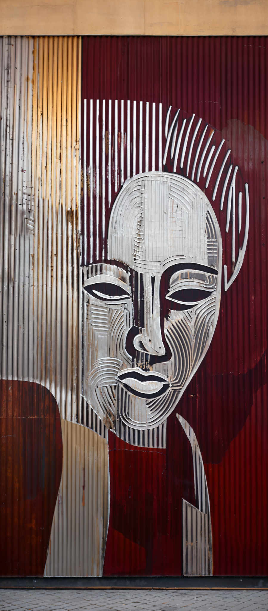 The image showcases a large artwork on a corrugated metal wall. The artwork is a stylized face with a mix of white, red, and silver colors. The face has prominent features such as eyes, nose, and lips. The eyes are closed, and the lips are slightly parted. The background consists of vertical lines, possibly representing hair or some form of texture. The overall artwork gives a modern and abstract feel.