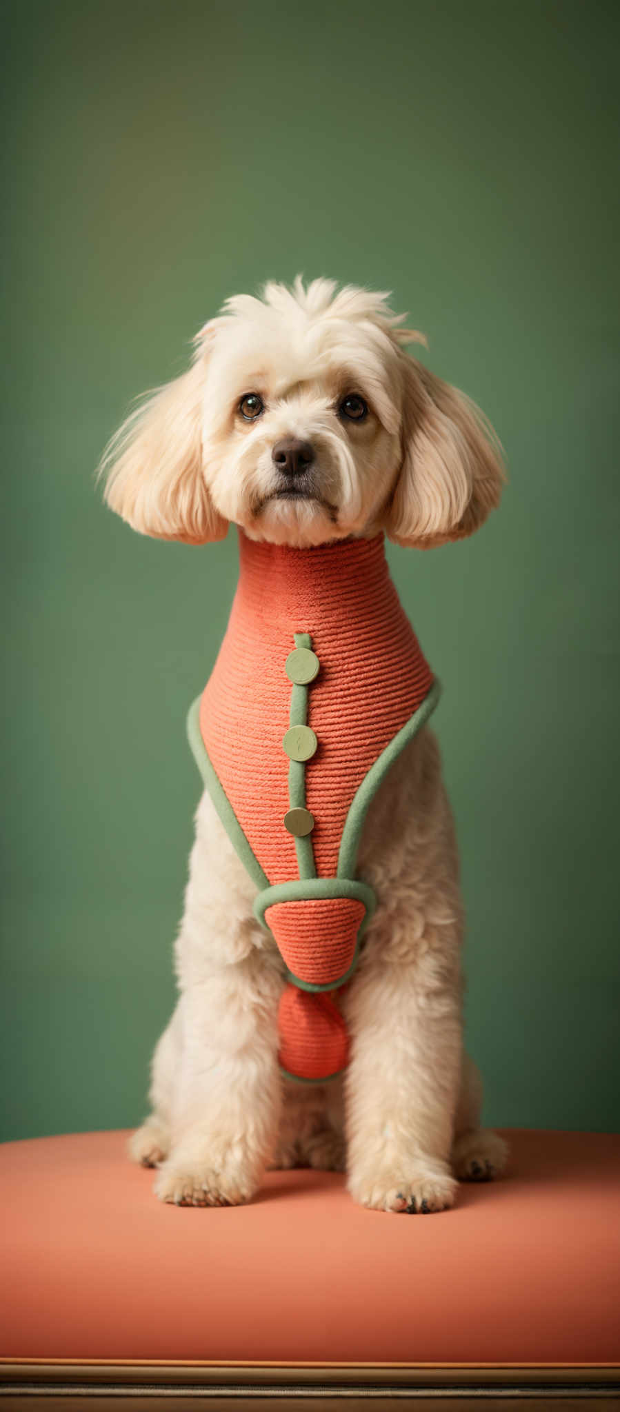 The image showcases a small dog with a light, fluffy coat. The dog is wearing a vibrant, coral-colored outfit with green accents. The outfit has a unique design, featuring a central green stitched line with three circular green buttons. The background is a muted green, providing a contrast to the dog's attire. The setting appears to be indoors, with the dog sitting on a coral surface against a green backdrop.