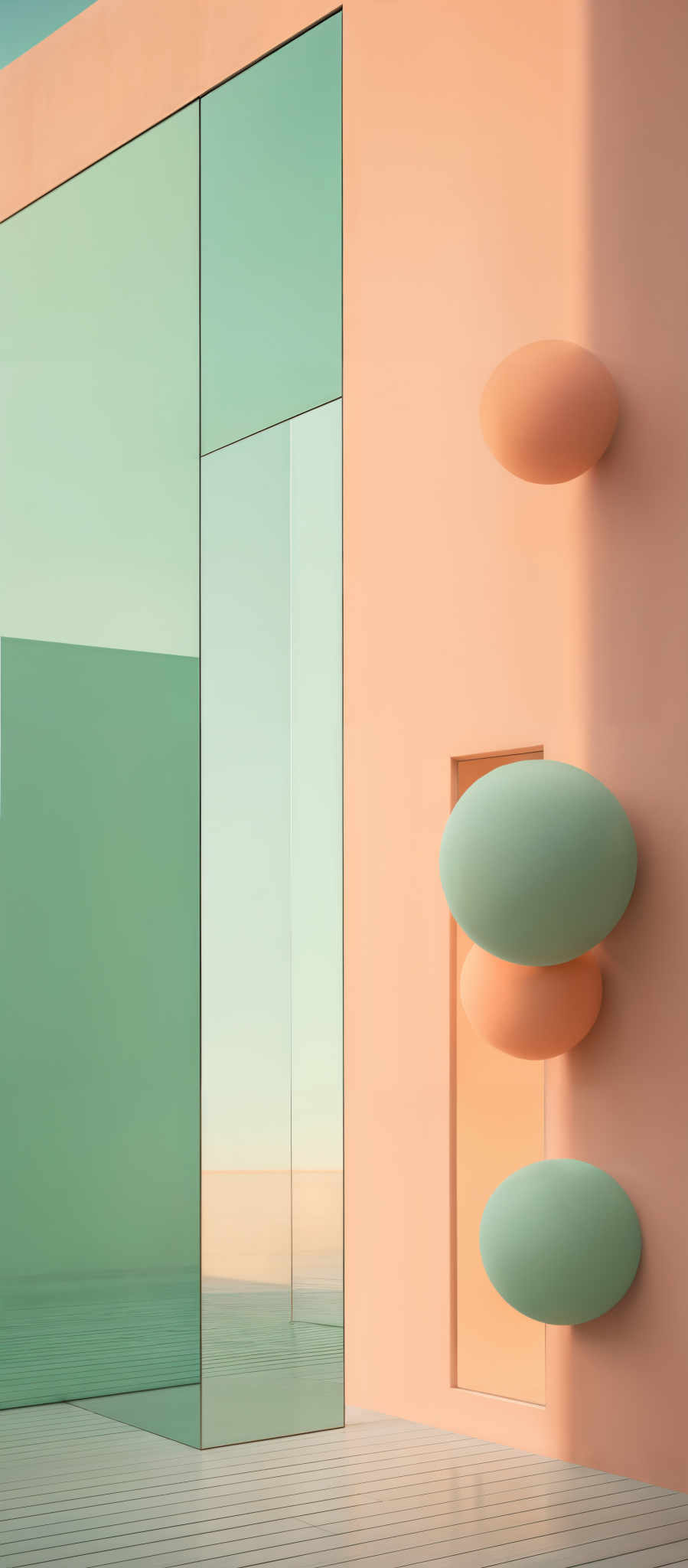 The image showcases a modern architectural setting with a combination of geometric shapes and soft pastel colors. There are two large rectangular glass panels, one in a light teal color and the other in a soft peach hue. Between these panels is a vertical clear glass slit. On the peach wall, there are three oval-shaped objects stacked vertically, each in a different shade of teal. The floor appears to be made of wooden planks. The overall ambiance of the image is serene and minimalist, with a play of light and shadow adding depth.