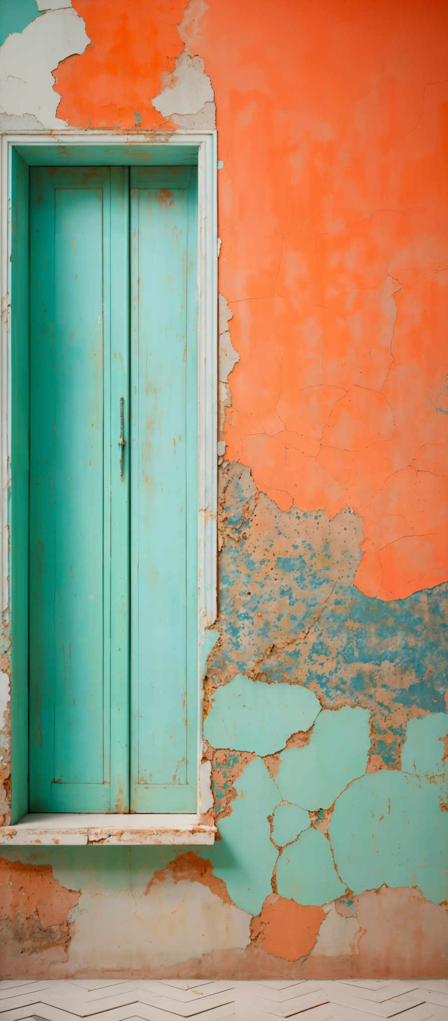 The image showcases a vibrant and textured wall with a mix of colors. The dominant color is a bright orange, which is peeling off in patches, revealing layers of other colors like turquoise and light blue. There's a turquoisie door with a slightly weathered look, positioned centrally in the image, framed by a white border. The floor has a patterned design, possibly made of tiles, in a white and light gray hue.