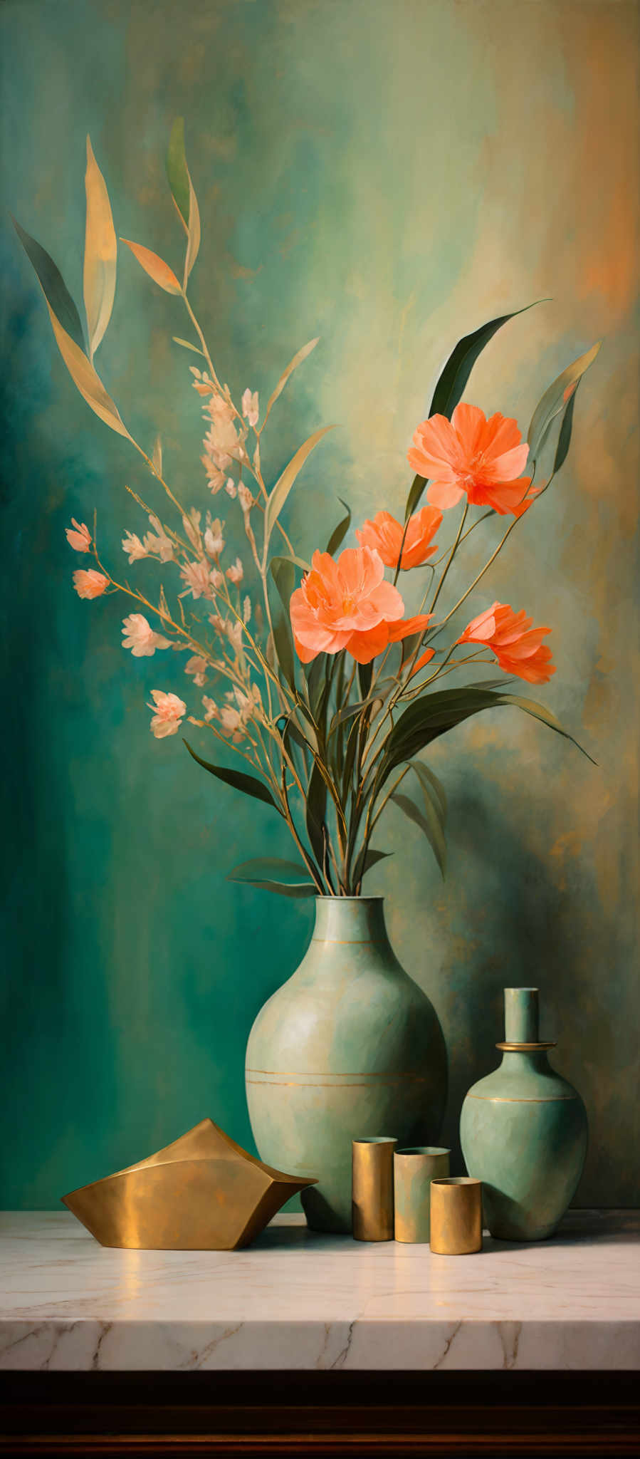 The image showcases a beautifully painted still life arrangement. The background has a gradient of colors, transitioning from a deep green at the top to a warm orange at the bottom. The focal point is a vase filled with vibrant orange flowers, accompanied by some delicate pink flowers and long green leaves. To the right of the vase, there are two smaller green vases and a golden, geometrically shaped tray. The vases are placed on a white marble surface, and the entire scene is set against a textured, abstract background.