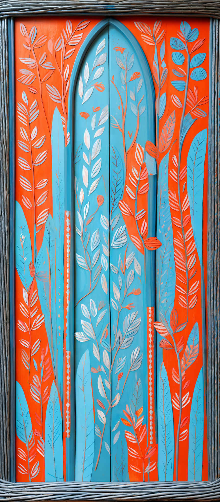 The image showcases a vibrant artwork with a dominant orange background. In the center, there's a blue arched doorway surrounded by intricate designs of leaves in various shades of blue, white, and orange. The leaves are depicted in a stylized manner, with elongated stems and overlapping petals. The doorway itself is painted in a deep blue hue, and there are decorative patterns on its sides. The frame of the artwork has a rustic appearance with a grayish-blue texture.