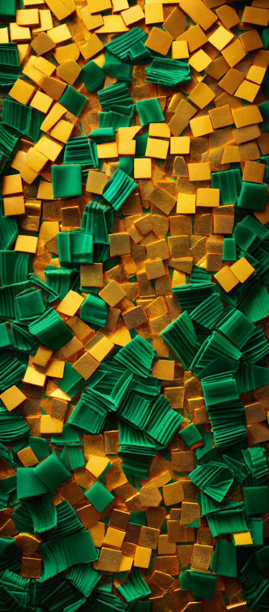 The image showcases a plethora of green and gold rectangular tiles scattered in a random pattern. The green tiles have a smooth texture with varying shades, ranging from light to dark. In contrast, the gold tiles exhibit a metallic sheen, reflecting light in a way that emphasizes their shimmering quality. The overall composition gives a sense of depth and dimension, as the tiles overlap and interplay with each other.