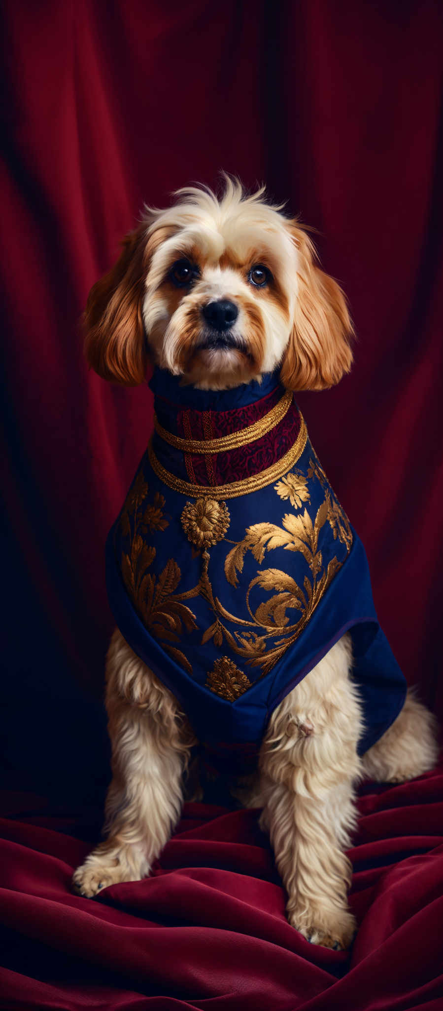 The image showcases a dog with golden, wavy fur. The dog is wearing a regal-looking garment that is predominantly blue with intricate golden patterns. The garment has a high collar, and the patterns on it resemble ornate floral designs. The background is a deep red, providing a contrast to the dog's attire and giving the image a luxurious feel.