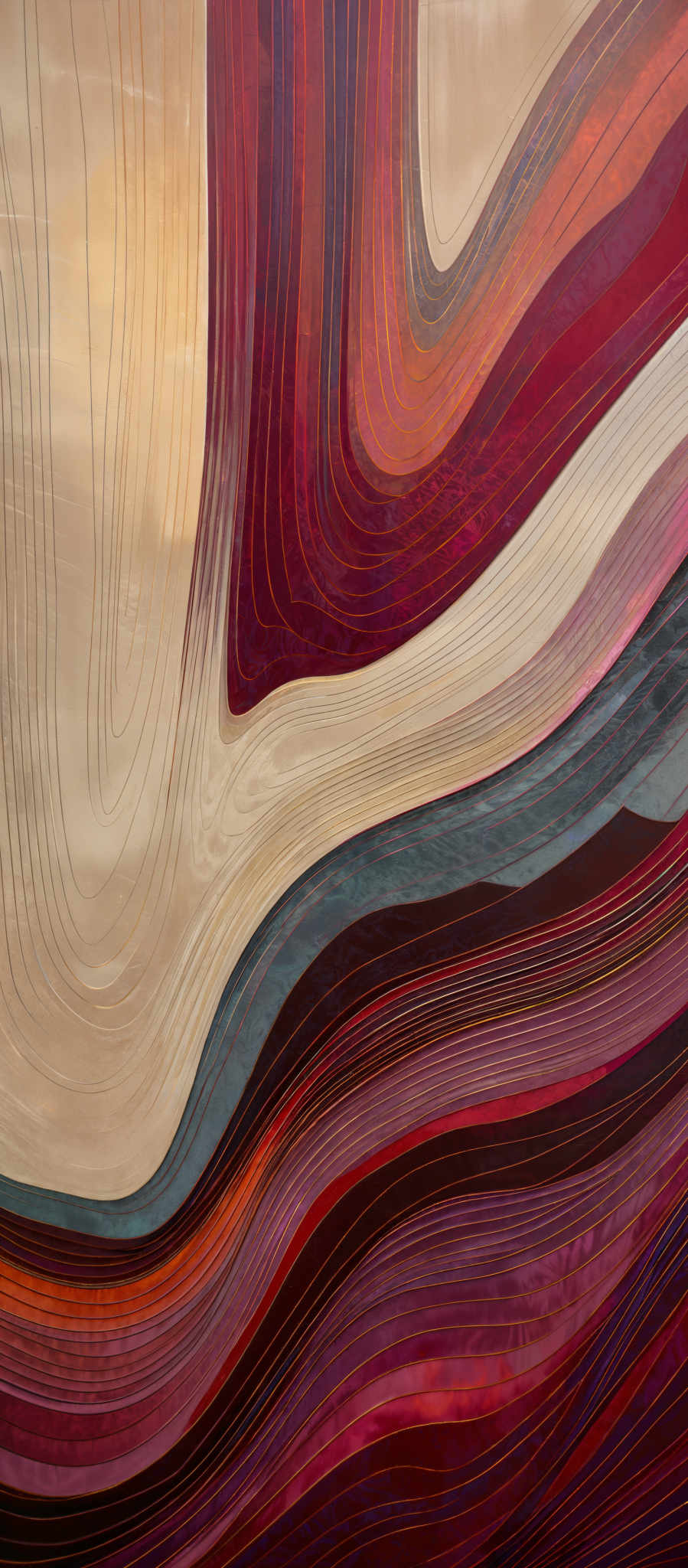 The image showcases an abstract artwork with a myriad of colors. Dominant colors include shades of red, purple, beige, and blue. The artwork features wavy lines and curves, creating a sense of movement and fluidity. The lines vary in thickness and are interspersed with areas of solid color, creating depth and contrast. The overall effect is both mesmerizing and evocative, inviting viewers to interpret the meaning behind the patterns.