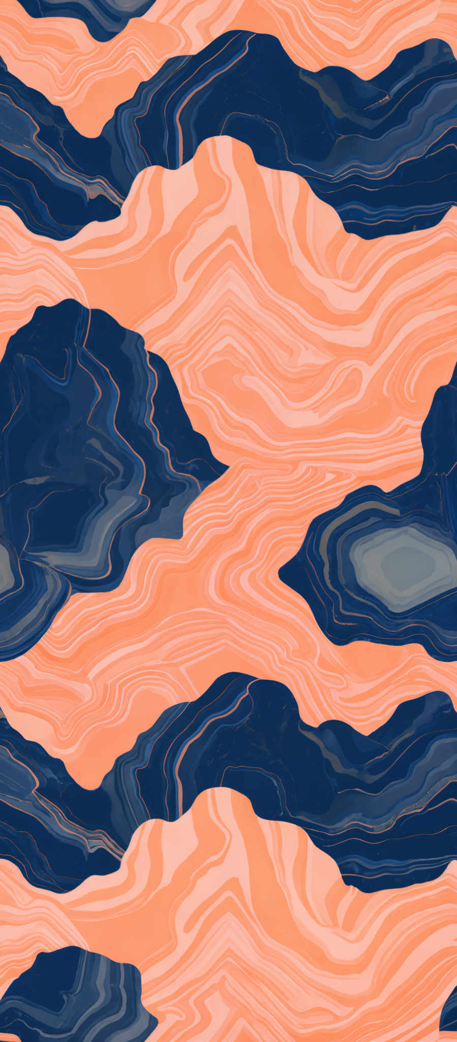 The image showcases a pattern with a combination of blue and peach-colored wavy lines. These lines create a marbled or topographical effect, reminiscent of mountains or waves. The blue lines are denser and more intricate, while the peach lines are more spaced out, creating a contrast between the two.