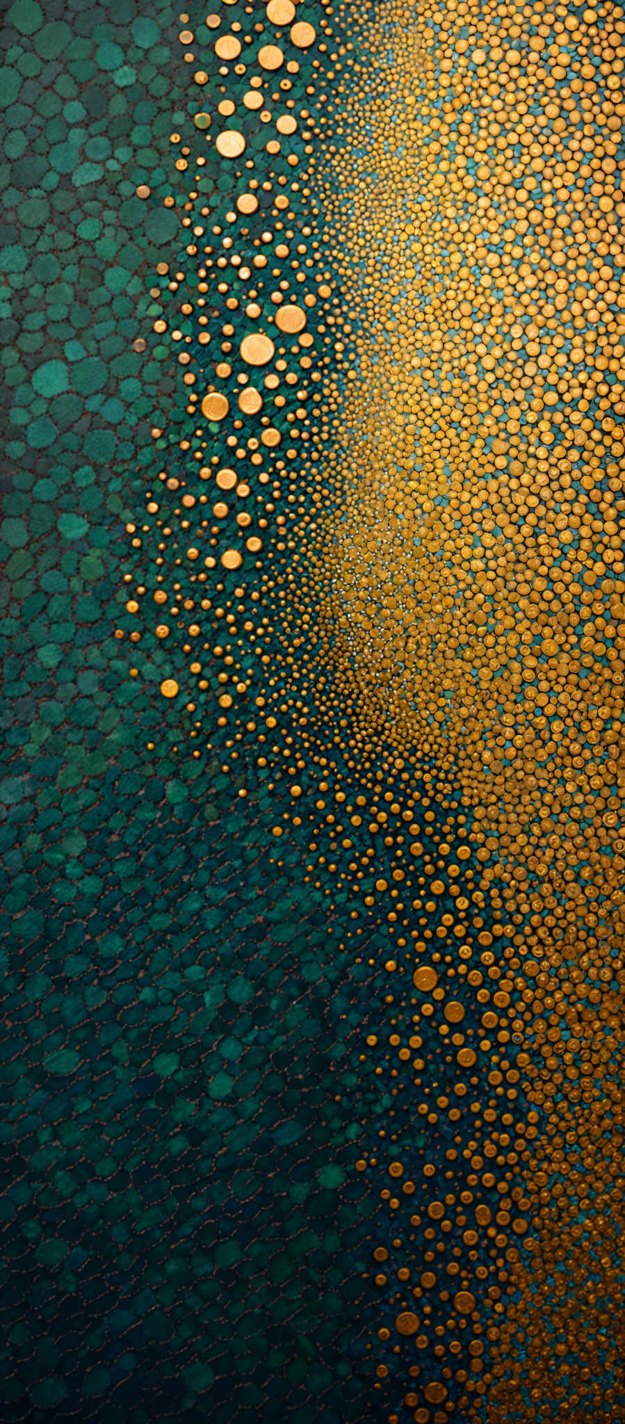 The image showcases a vibrant and intricate pattern. The dominant colors are deep teal and golden yellow. The teal forms the background, while the golden yellow forms a series of overlapping circles that seem to be dispersing from the top right corner towards the bottom left. The circles vary in size, with the larger ones appearing more golden and the smaller ones more teal. The overall effect gives a sense of depth and movement, as if the golden circles are descending or emerging from the teal background.