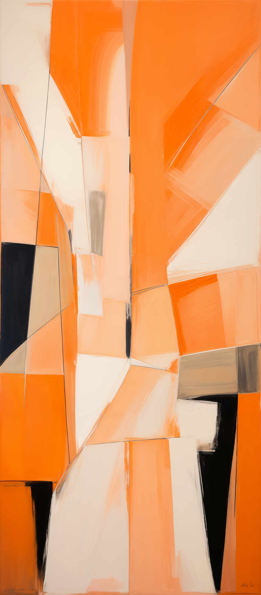 The image showcases an abstract painting dominated by various shades of orange, white, and black. The painting features geometric shapes, such as rectangles, triangles, and lines, intermingled in a seemingly random yet structured manner. The interplay of these shapes and colors creates a dynamic visual effect, evoking a sense of movement and energy.