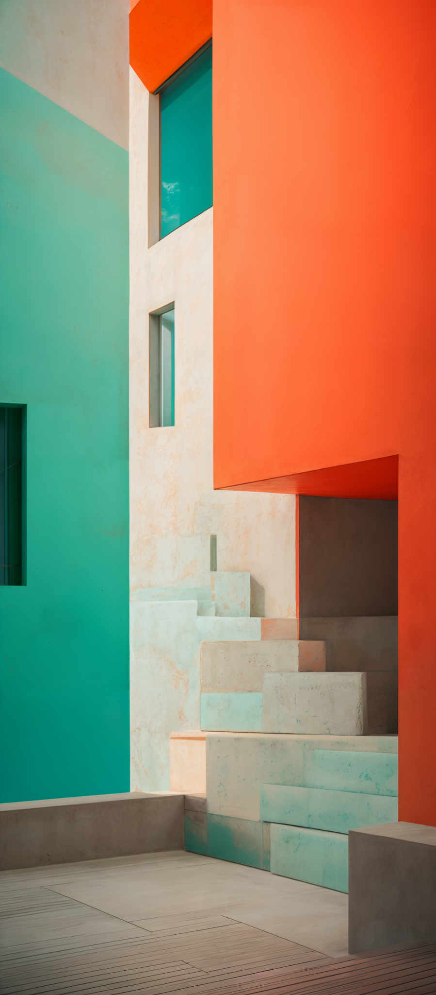 The image showcases a modern architectural structure with vibrant colors. There are three primary walls: one in a deep shade of blue, another in a bright orange, and the third in a light beige or off-white. The orange wall has a rectangular window with a turquoise frame. The walls have a textured appearance, possibly made of concrete or plaster. The floor is made of wooden planks, and there are some geometric concrete blocks or steps present. The overall design gives a sense of geometric abstraction and modern aesthetics.