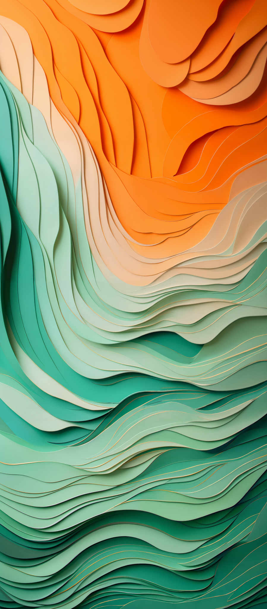 The image showcases a layered, abstract design with a myriad of colors. The dominant colors are shades of green, orange, and beige. The shapes are curved and wavy, resembling topographical layers or the flow of water. The design appears to be a 3D representation, with each layer having a distinct color and texture, creating a visually appealing and dynamic effect.