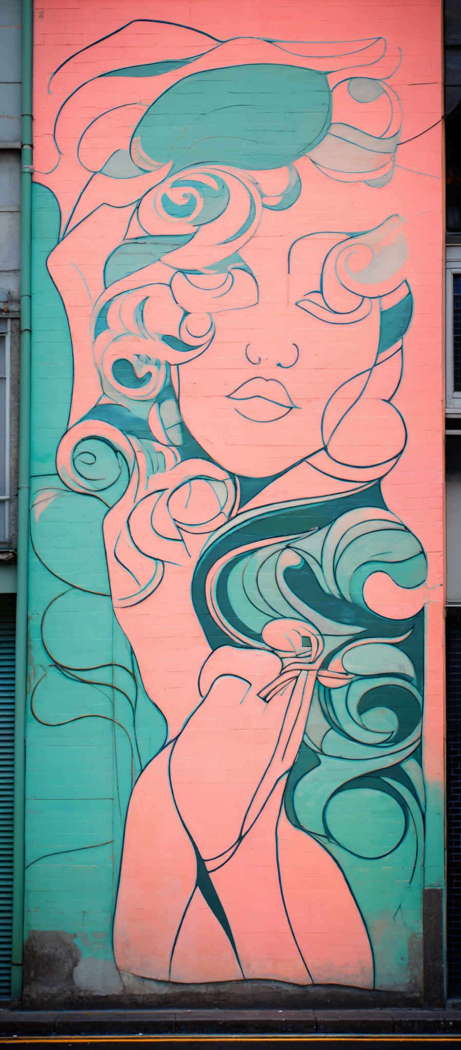 The image showcases a large mural painted on a wall. The dominant colors are shades of pink, teal, and white. The mural features an abstract representation of a woman's face, with flowing, swirling patterns that resemble hair or waves. The woman'm face is depicted in a soft pink hue, with her eyes closed and lips slightly parted. The swirly patterns surrounding her are in varying shades and tones of teal. The overall artwork exudes a sense of fluidity and movement.