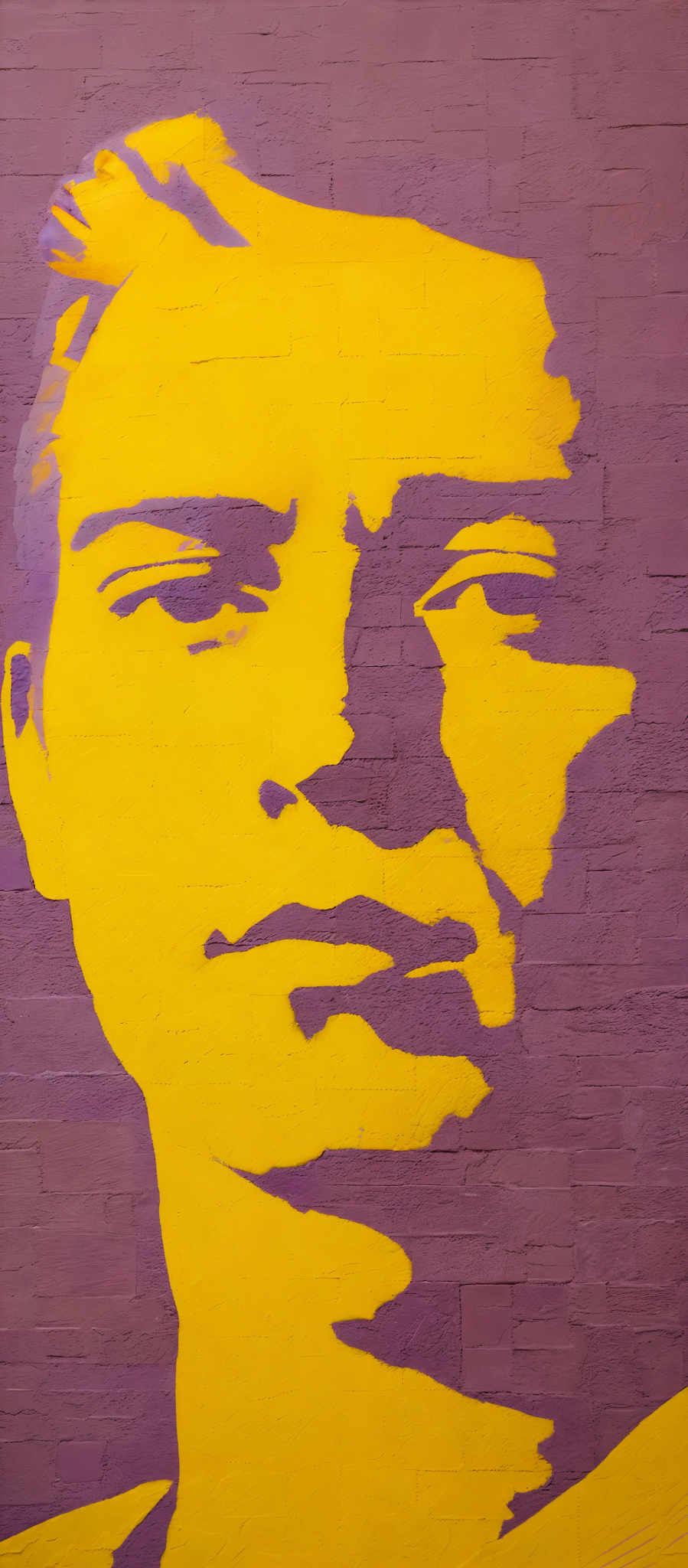 The image showcases a large, stylized portrait of a person's face. The dominant colors are shades of yellow and purple. The face is depicted in a high contrast manner, with the yellow highlighting the facial features and the purple serving as the background. The portrait is painted on a brick wall, and the bricks are visible in the background, adding texture to the artwork.