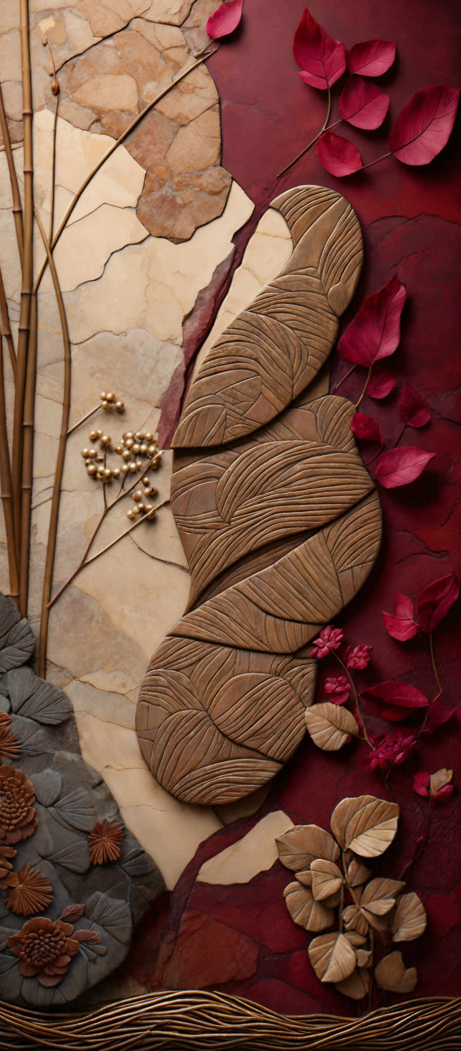 The image showcases a richly detailed artwork. The dominant colors are shades of red, beige, and brown. The artwork features a variety of shapes, including curved patterns resembling waves, elongated leaves, and intricate floral designs. There are also elements that appear to be made of bamboo or similar materials, and some parts of the image have a marbled or layered texture. The overall composition gives a sense of depth and movement, as if the artwork is a window into a serene natural landscape.