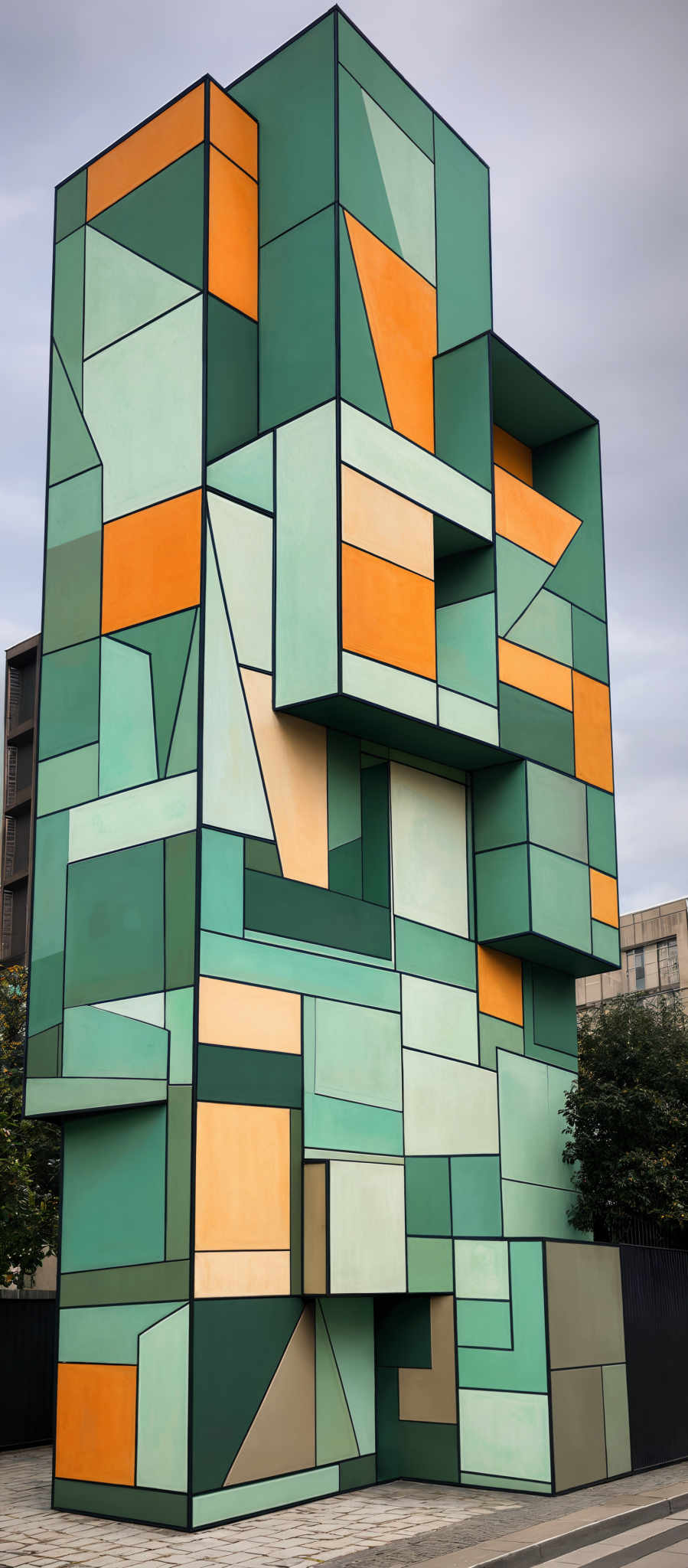 The image showcases a multi-story building with an avant-garde architectural design. The building is adorned with geometric shapes and patterns, predominantly in shades of green, orange, and beige. The facade consists of various rectangular and angular sections, interconnected in a seemingly random yet deliberate manner. The color palette is vibrant, with the green and orange providing a striking contrast against the beige and the gray sky in the background.