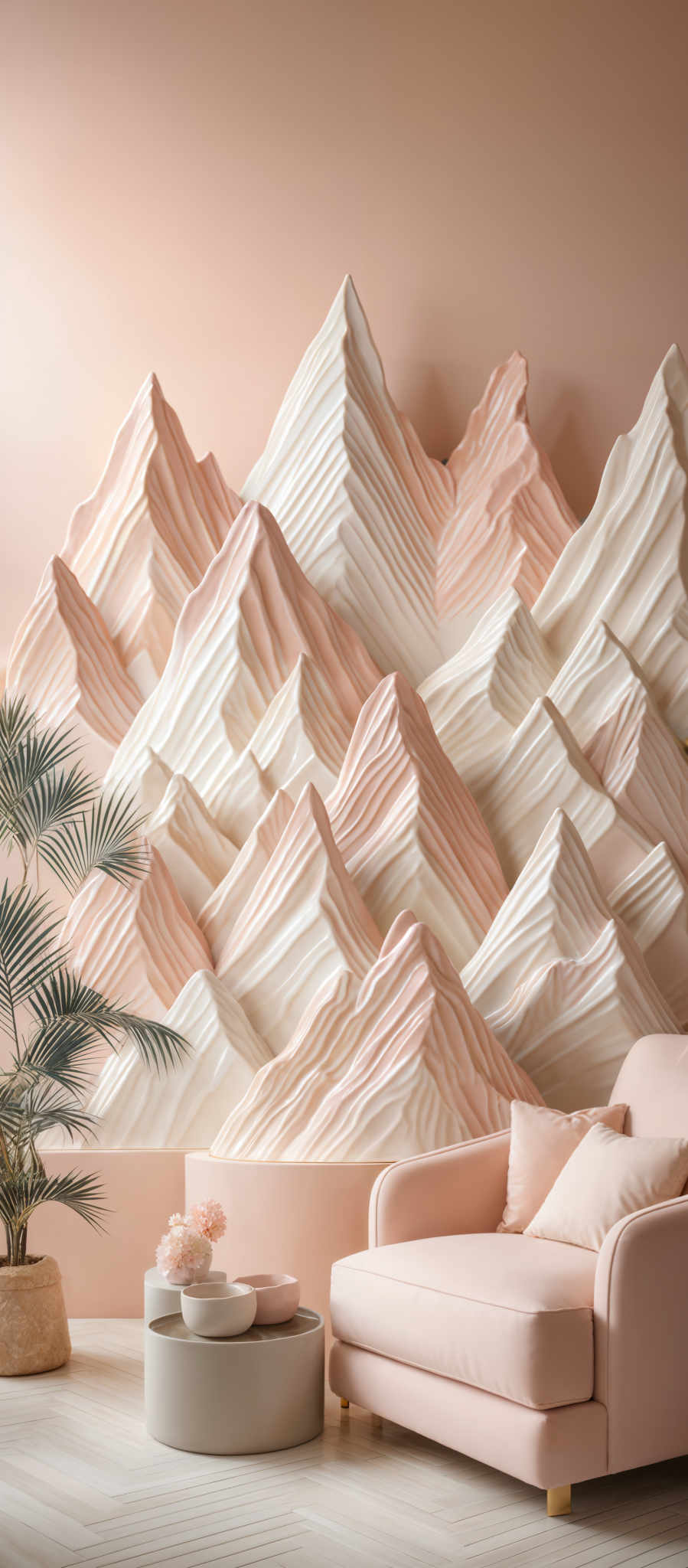 The image showcases a room with a pastel pink wall. On the wall, there's a unique 3D sculpture or installation that resembles a series of undulating mountains or waves. These structures are in varying shades of pink and white, giving them a textured and layered appearance. In the foreground, there is a modern-looking armchair in a soft pink hue, complemented by a round coffee table with a light gray top. On top of the table, there are a few decorative items, including a vase with pink flowers and a small bowl. To the left of the chair, there appears to be a potted plant with long, slender leaves, possibly a type of palm or similar plant.