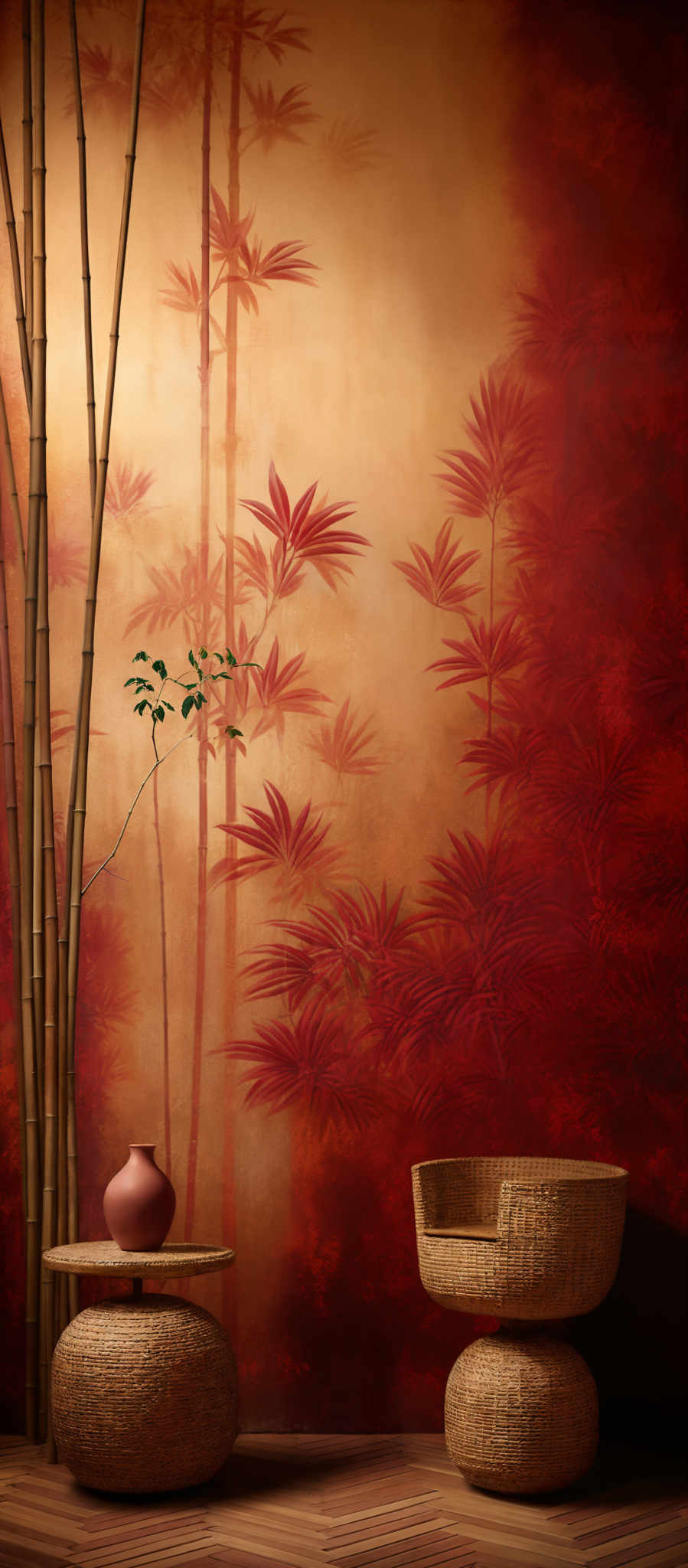 The image showcases a warm, earthy palette with dominant shades of red and gold. The background features a mural of bamboo trees with their leaves, set against a gradient of red to gold. There's a small plant with green leaves placed on a round table. Adjacent to the table, there's another round table with a unique woven design, and on top of it, there is a brown vase. The floor is made of wooden planks arranged in a herringbone pattern.